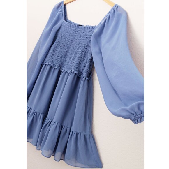 1.STATE Women's L Long Sleeves Smocked Ruffle Skirt Mini Dress Chiffon Blue $99 - Picture 8 of 15